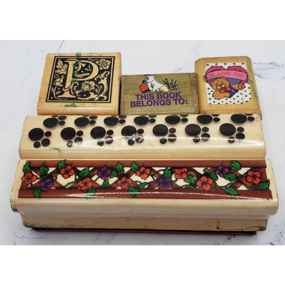 Lot of 5 Wood Mounted Rubber Stamps Dogs Bears and Flowers